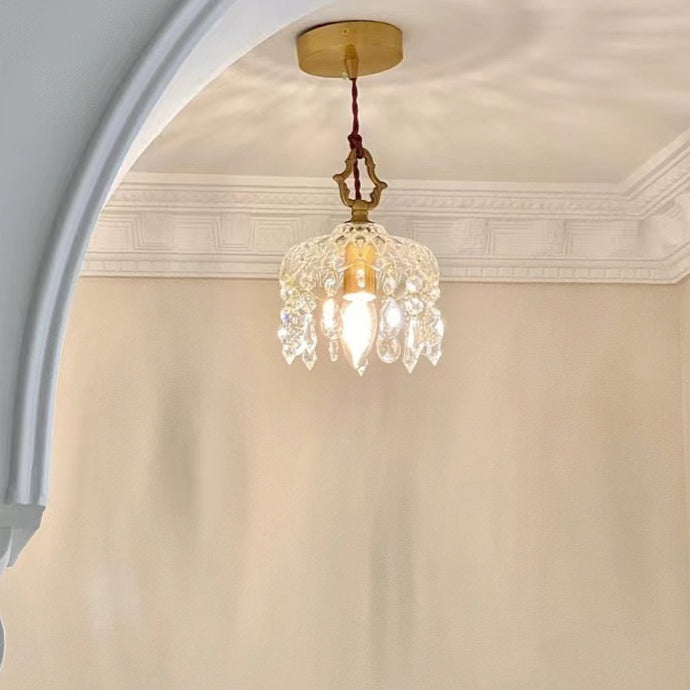 Moderne Art Deco Messing kariert Glas Schatten Kristall Perlen 1-Licht Pendelleuchte für Wohnzimmer 