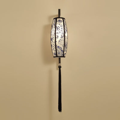 Chinese Vintage Painted Fabric Lantern Tassel 1-Light Wall Sconce Lamp