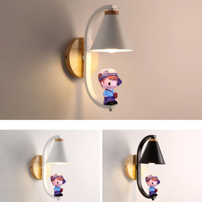 Nordic Cone Ring Iron Wood 1-Light Kids Wall Sconce Lamp