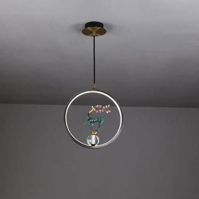 Lustre LED suspendu moderne chinois carré rond anneau prunier cerf 
