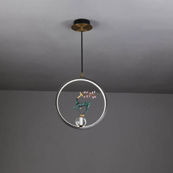 Lustre LED suspendu moderne chinois carré rond anneau prunier cerf 