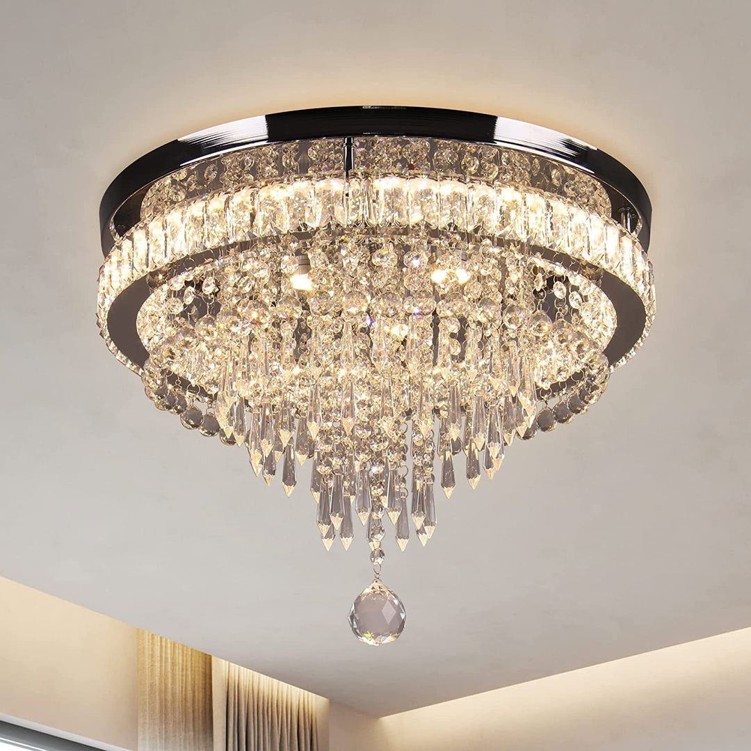 Moderne luxuriöse LED-Deckenleuchte mit Kristall, Edelstahl und rundem Quastendesign für Wohnzimmer &amp; Schlafzimmer 