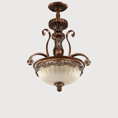 European Retro Semi-Circular Carved Iron Glass 3-Light Chandelier