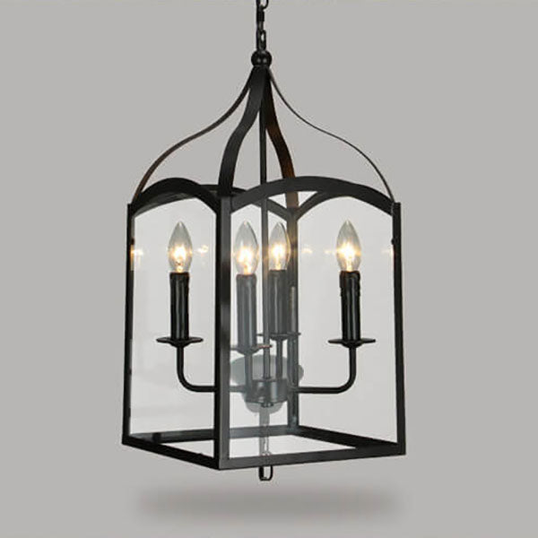 Lámpara de araña contemporánea industrial de 4 luces con jaula cuadrada de hierro y vidrio para salón 