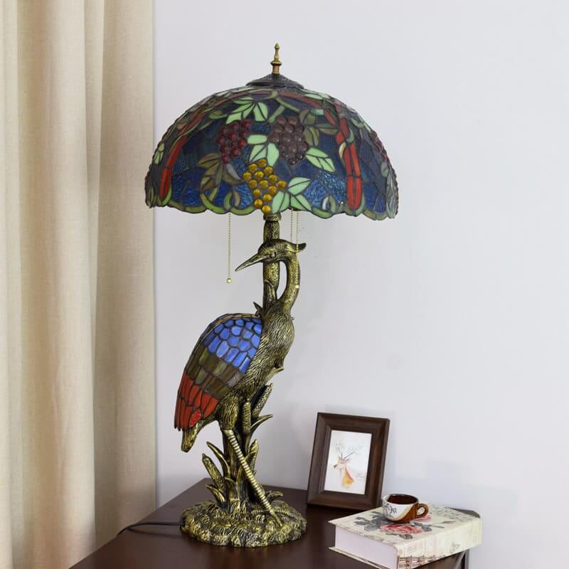 Tiffany Vintage Crane Base Colored Grape Glass Lampshade Design 3-Light Table Lamp