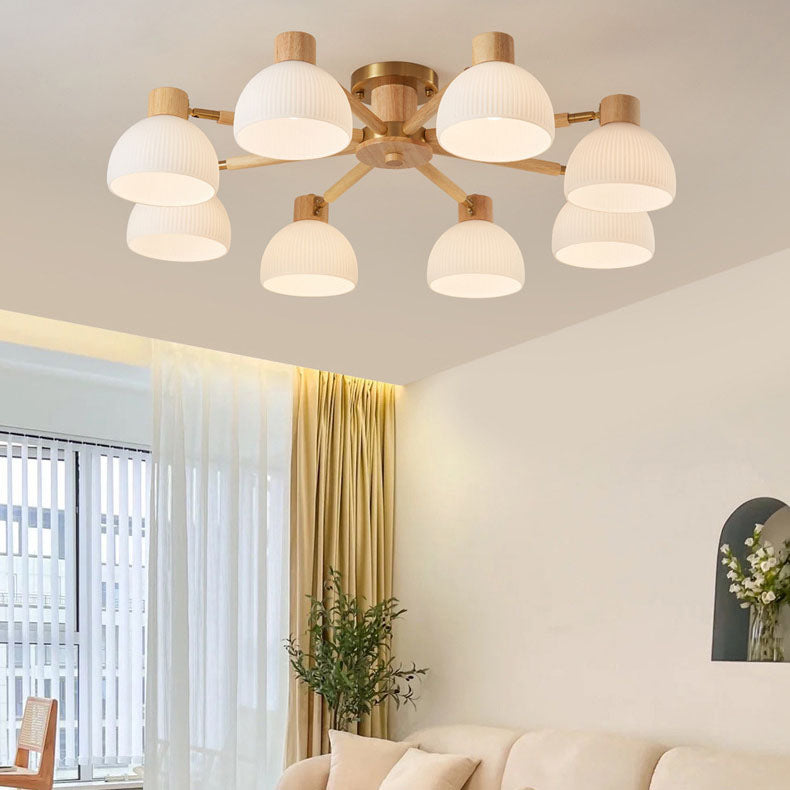 Plafón de techo tradicional japonés Wabi-sabi de madera de caucho, herrajes y vidrio de 3/6/8 luces para sala de estar 