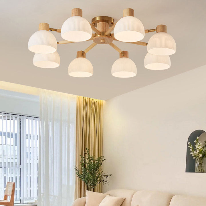 Plafón de techo tradicional japonés Wabi-sabi de madera de caucho, herrajes y vidrio de 3/6/8 luces para sala de estar 