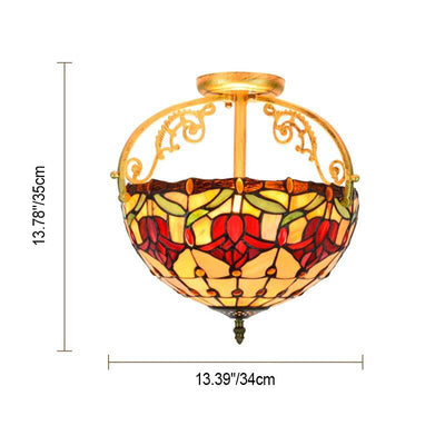 European Tiffany Red Tulip Stained Glass 2-Light Semi-Flush Mount Ceiling Light