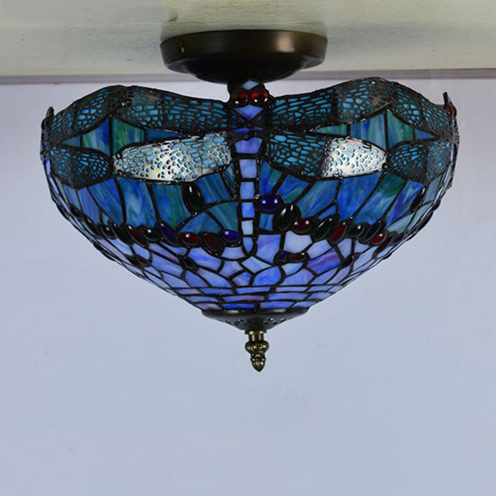 Traditional Tiffany Stained Glass Iron Bowl Round 2-Light Semi-Flush Mount Ceiling Light for Living Room