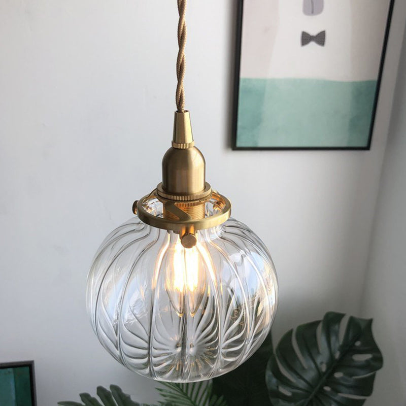 Traditionelle japanische Messingglas-Kürbisschirm-Pendelleuchte mit 1 Licht für Wohnzimmer 