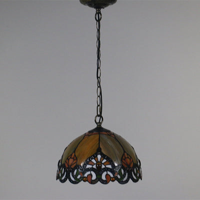 Vintage Tiffany Orange Stained Glass Dome Antique 1-Light Pendant Light