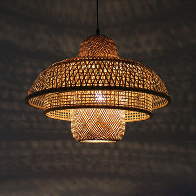Japanese Vintage Triple Bamboo Weaving 1-Light Pendant Light