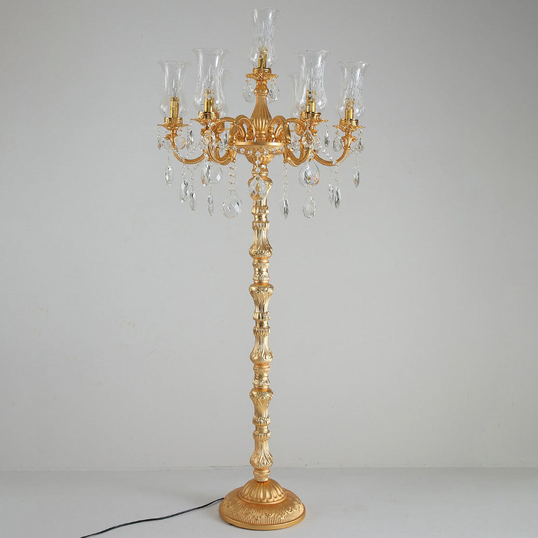 Traditional Luxury Golden Crystal Zinc Alloy Candle Holder 7-Light Standing Floor Lamp For Bedroom