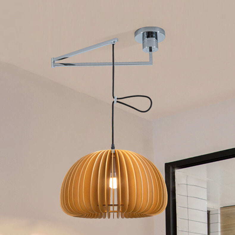 Traditionelle japanische kreative 1-flammige Pendelleuchte mit Schwenkarm aus Holz und Metall in Kürbisform für das Wohnzimmer 