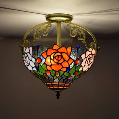 Tiffany European Stained Glass Rose Design 2-Light Semi-Flush Mount Light