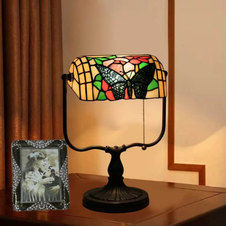 Traditional Tiffany Floral Butterfly Stained Glass 1-Light Bank Zipper Table Lamp for Bedroom