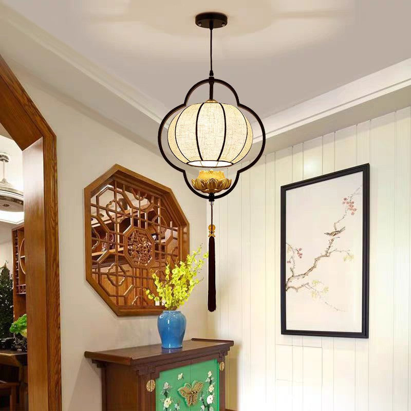 Modern Chinese Lantern Fabric Iron Zen 1-Light Pendant Light