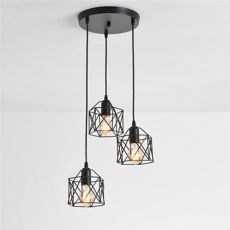 Industrial Simple Geometry Cage Iron 1/3 Light Island Light Chandelier