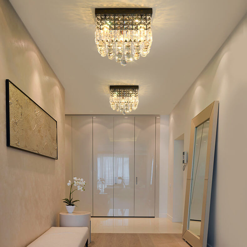 Traditional European Square Crystal Beaded Curtain 4-Light Flush Mount Ceiling Light For Living Room