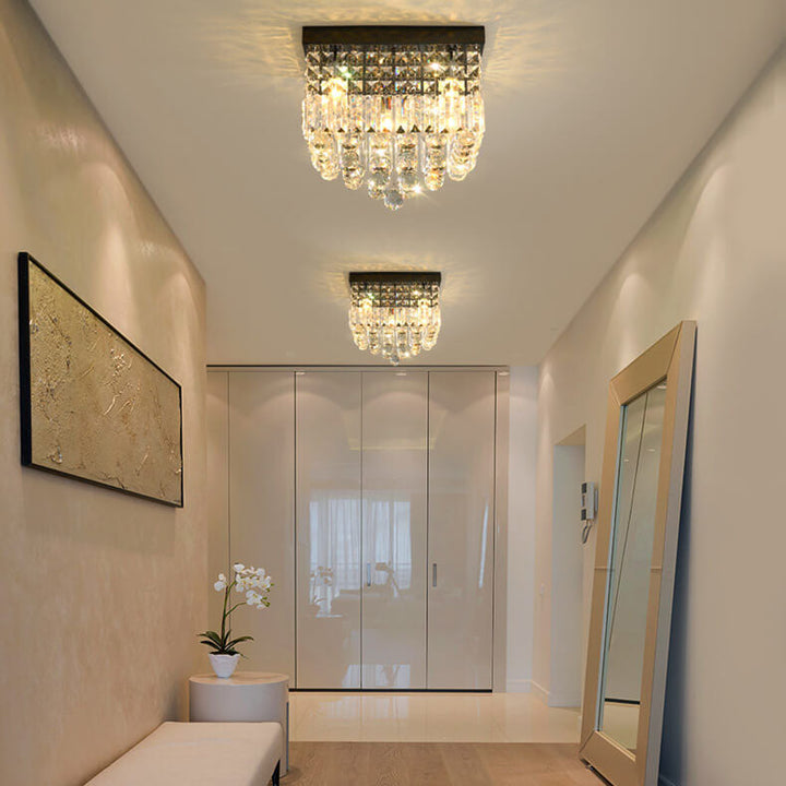 Traditional European Square Crystal Beaded Curtain 4-Light Flush Mount Ceiling Light For Living Room