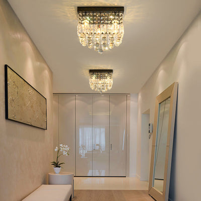 European Minimalist Square Crystal Beaded Curtain 4-Light Flush Mount Ceiling Light