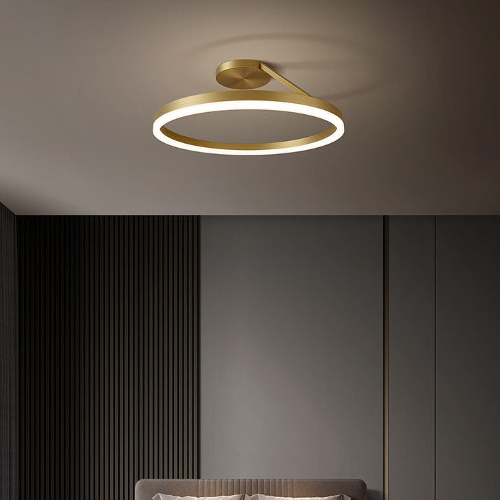 Modern Simplicity Full Copper Geometric Circle LED Semi-Flush Mount Ceiling Light For Living Room