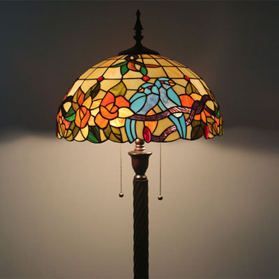 European Tiffany Magpie Flower Stained Glass Dome 2-Light Standing Floor Lamp