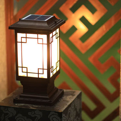 Solar Chinese Window Square Post Head 1-Light Waterproof Garden Landscape Light