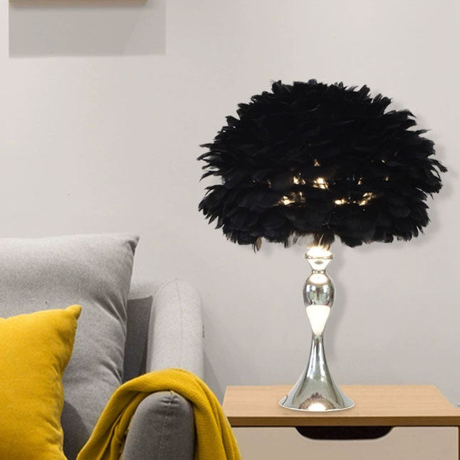 Contemporary Creative Feather Round Iron Base 1-Light Table Lamp for Bedroom
