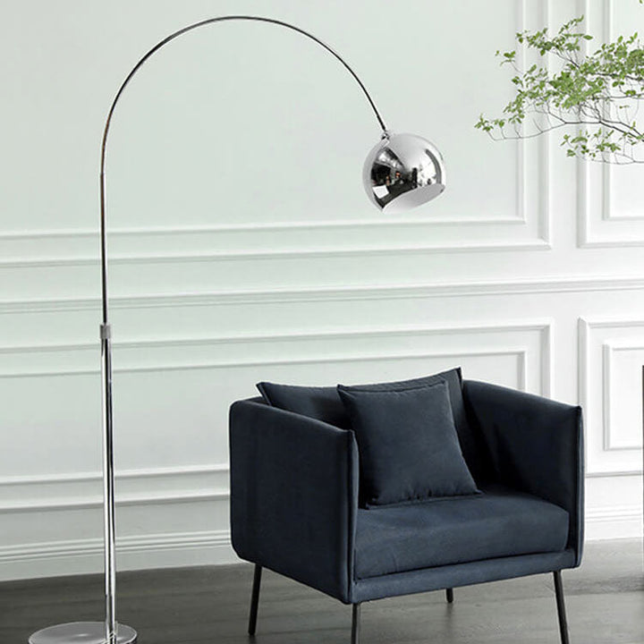 Moderne nordische Stehlampe aus Edelstahl und Eisen in Angelruten-Optik mit kuppelförmigem Rundschirm, 1-flammig, für das Schlafzimmer 