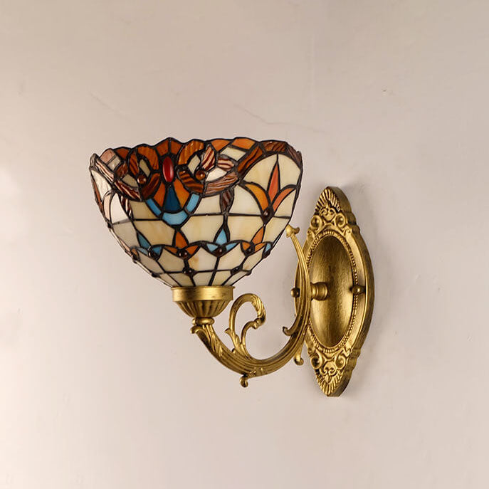 Vintage Tiffany Baroque Stained Glass Round 1-Light Wall Sconce Lamp