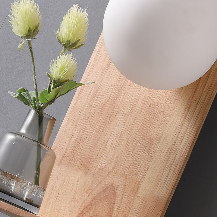 Moderne nordische 1-flammige Wandleuchte mit Glaskugel, Holz und quadratischer Basis für Schlafzimmer und Wohnzimmer 