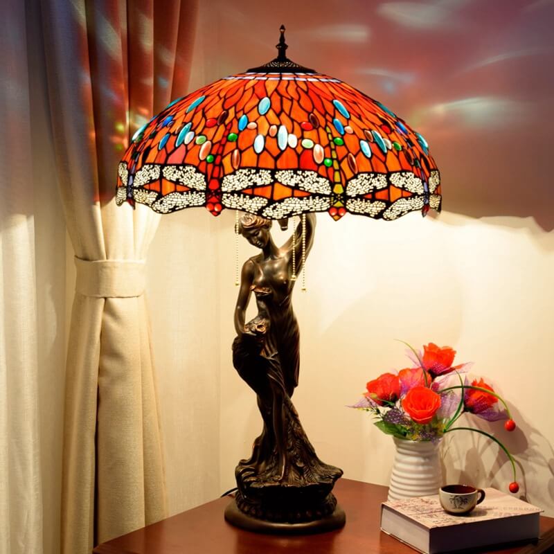 Tiffany Decorative Goddess Dragonfly Resin Stained Glass 3-Light Table Lamp