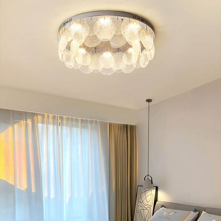 Zeitgenössische Luxus-Deckenleuchte aus Edelstahlrahmen mit Wasserstrukturglas, rundem Blatt und 8 Lichtern für das Wohnzimmer 