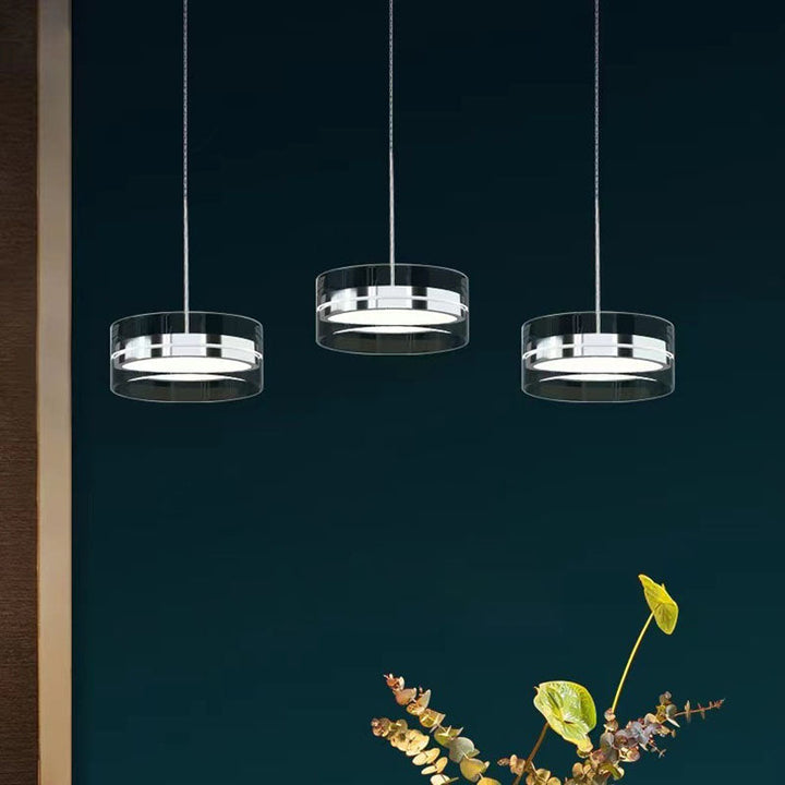 Lámpara de araña LED de isla con pantalla cilíndrica de vidrio de acero inoxidable escandinavo contemporáneo para comedor 