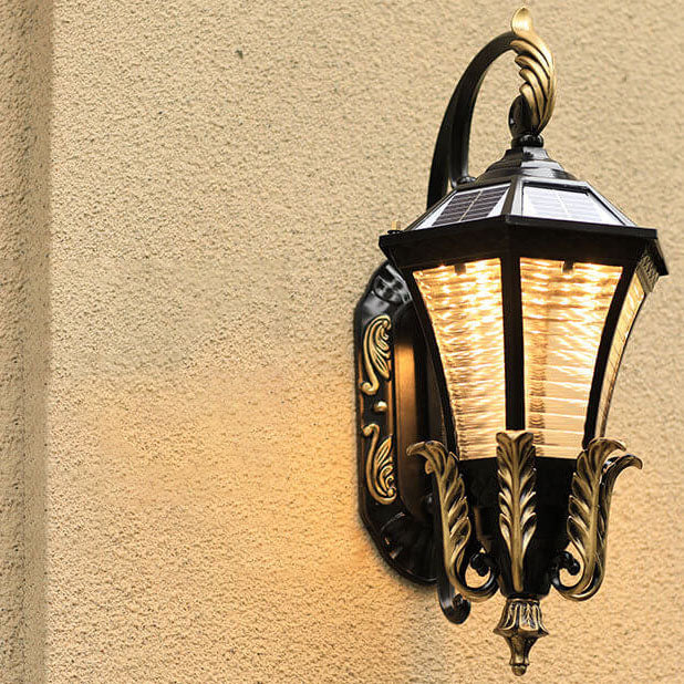 European Solar Hexagonal Lantern Outdoor Waterproof Patio LED Wall Sconce Lamp