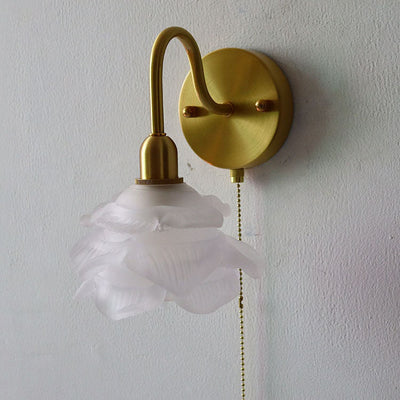 Japanese Minimalist Floral Frosted Glass 1-Light Pull Cord Wall Sconce Lamp