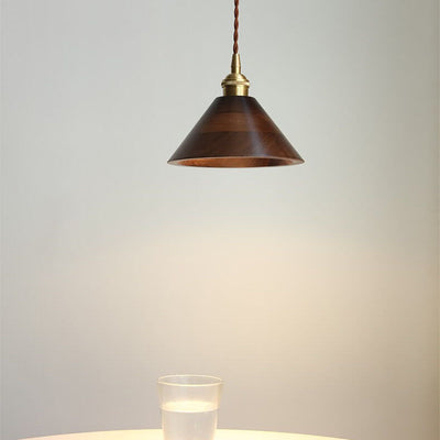 Japanese Vintage Walnut Brass Dome 1-Light Pendant Light