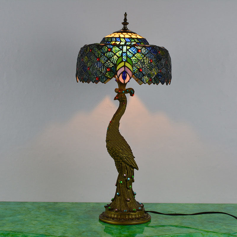 Vintage Tiffany Peacock Gem Dome Glass Resin 1-Light Table Lamp