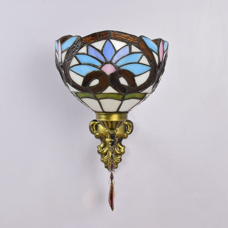 Traditionelle 1-flammige Tiffany-Wandleuchte im Barockstil aus Eisen mit Buntglas-Kristallglasschale für Wohnzimmer &amp; Schlafzimmer 