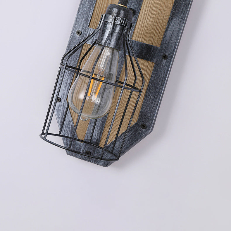 Industrial Vintage Wood Base Cage 1-Light Wall Sconce Lamp