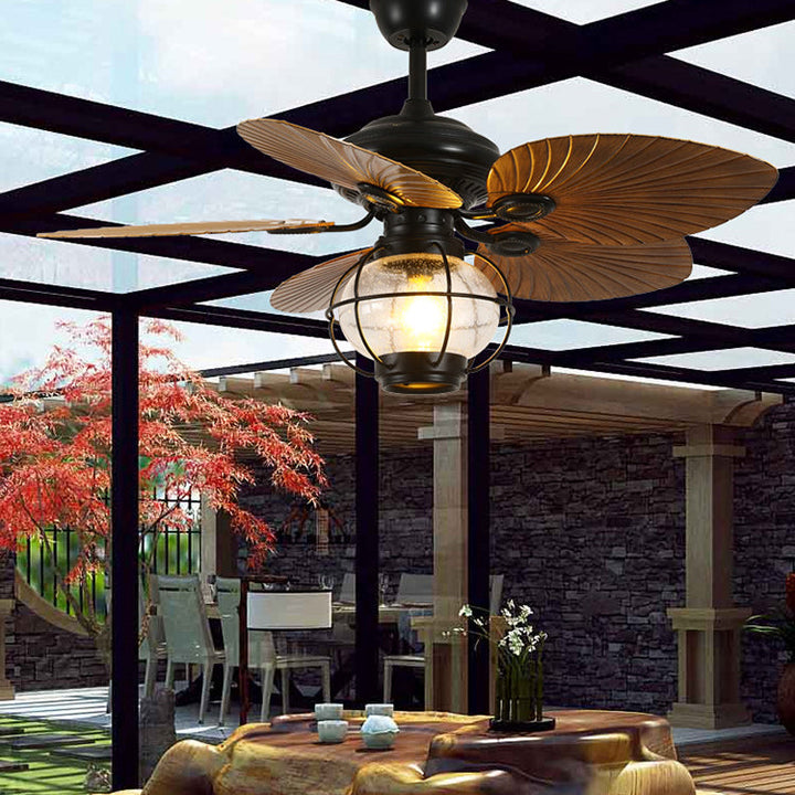 Traditional Rustic Lantern Banana Shaped Fan Leaf Iron Glass 1-Light Downrods Ceiling Fan Light For Living Room