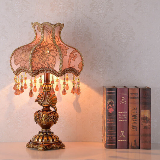 European Vintage Peach Fabric Tassel 1-Light Palace Table Lamp