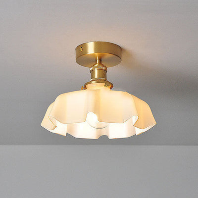 Japanese Vintage Cream Glass Floral Brass 1-Light Semi-Flush Mount Ceiling Light