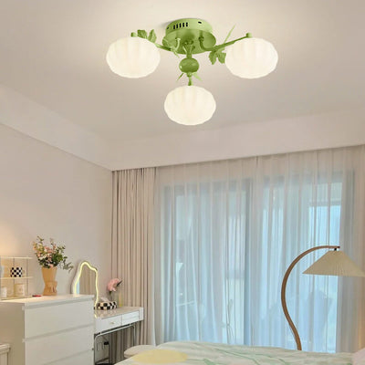 Nordic Cream Pumpkin Round Shade Branch 3-Light Semi-Flush Mount Ceiling Light
