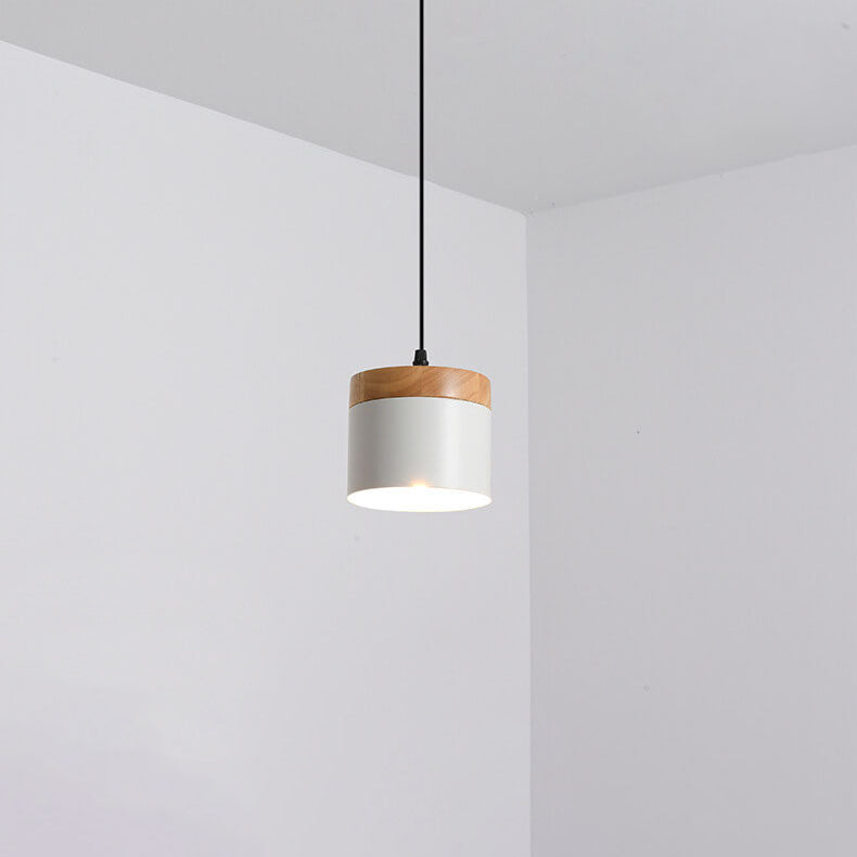 Modern Minimalist Solid Color Cylindrical Iron Wood 1-Light Pendant Light