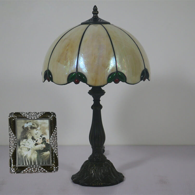 Vintage Tiffany Beige Green Gem Dome 1-Light Table Lamp