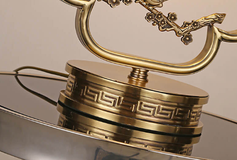 Lampe de table en verre chinois avec une lumière et sculpture en cuivre 