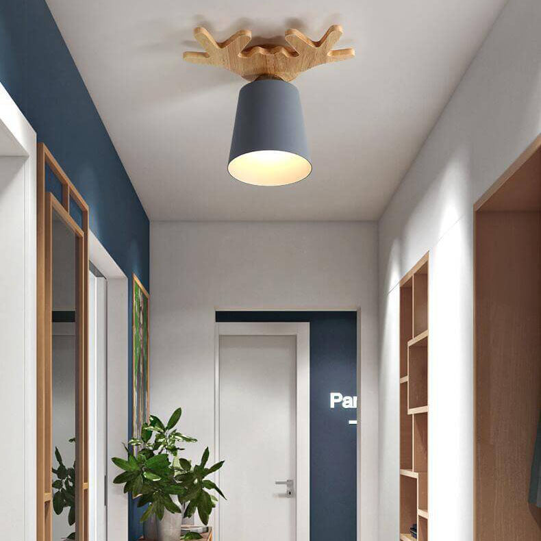 Contemporary Nordic Antler Wood Cone 1-Light Semi-Flush Mount Ceiling Light for Living Room