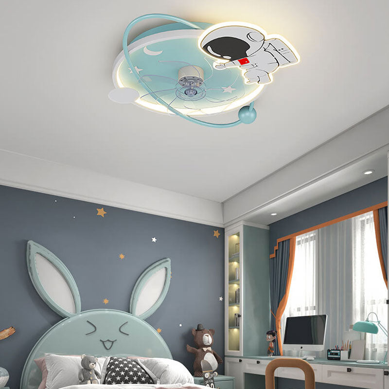 Cartoon Astronaut Colorful Round LED Flush Mount Ceiling Fan Light